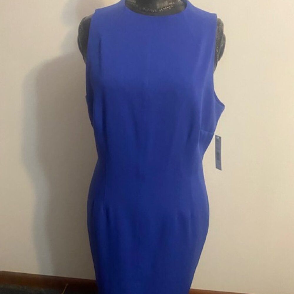 Antonio Melani Mosaic Blue sleeveless round neck sheath dress, size 14